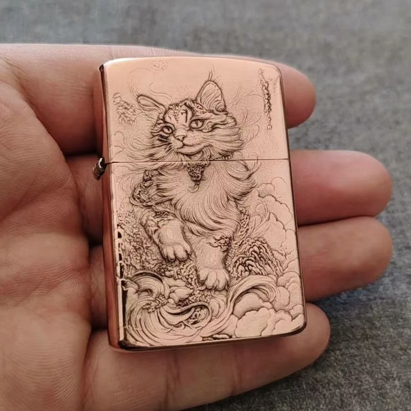 Vintage Collectible Accessories - Red Copper Embossed Cat Oil Lighter
